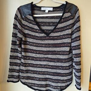 Curio NY Chunky Knit Sweater Faux Leather Detail Boho Festival Size S